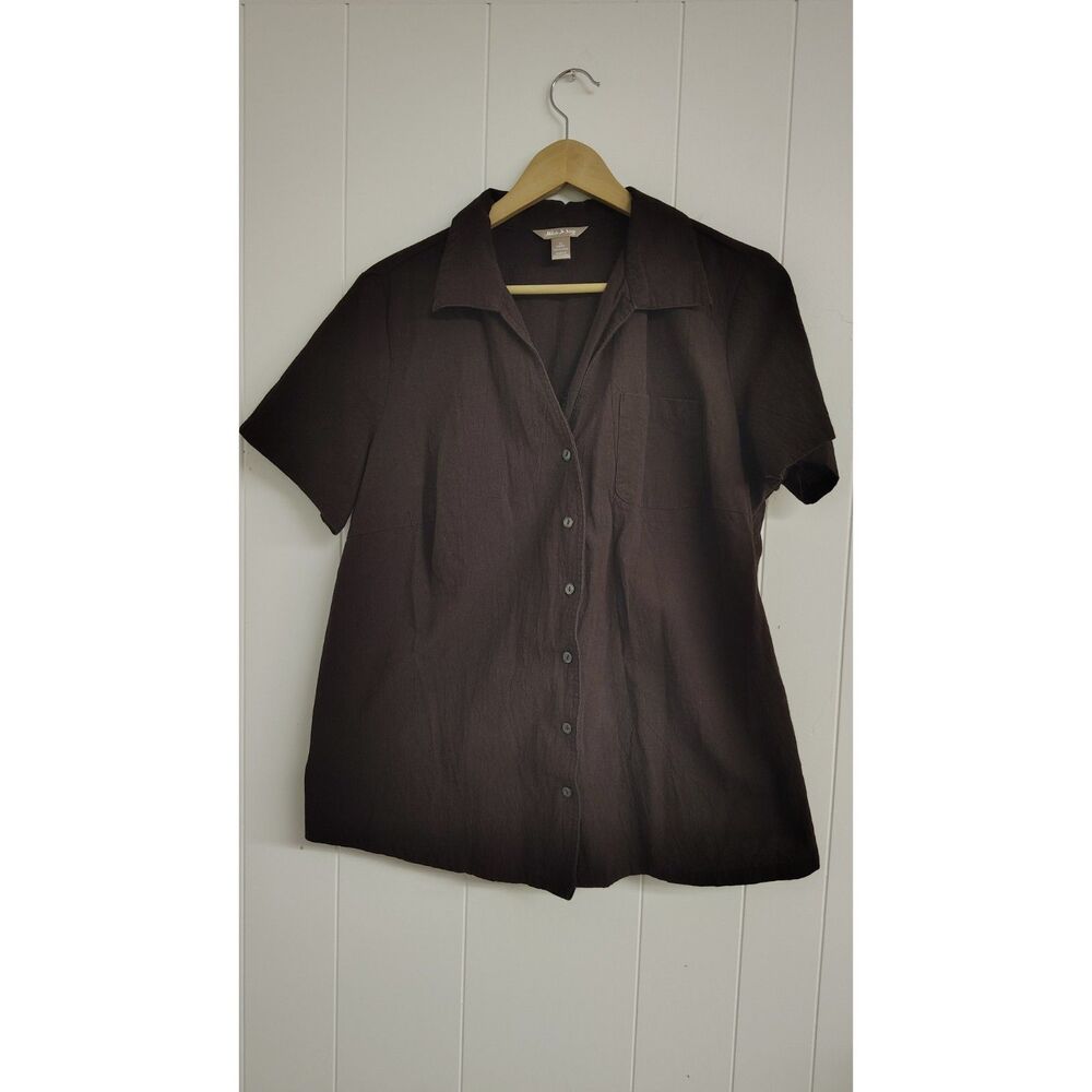 White Stag Women's Size 16W Brown Textured Short Sleeve Button-Down Blouse Shirt